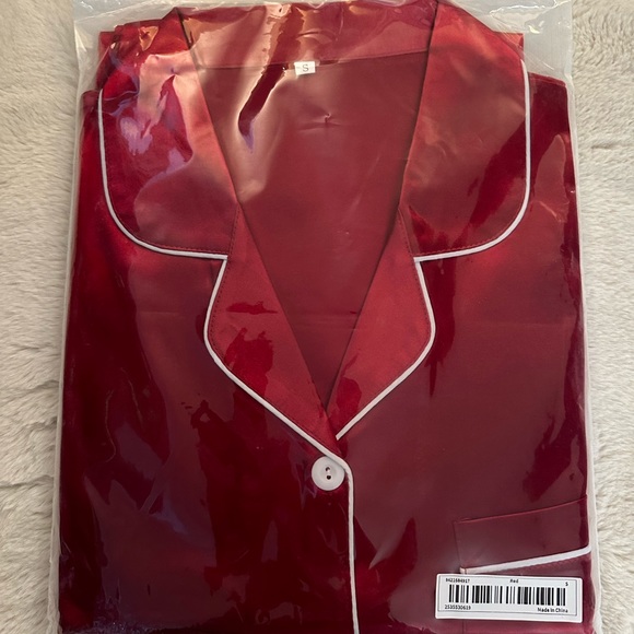 Red Satin Pajama Set With White Trim - Picture 7 of 7